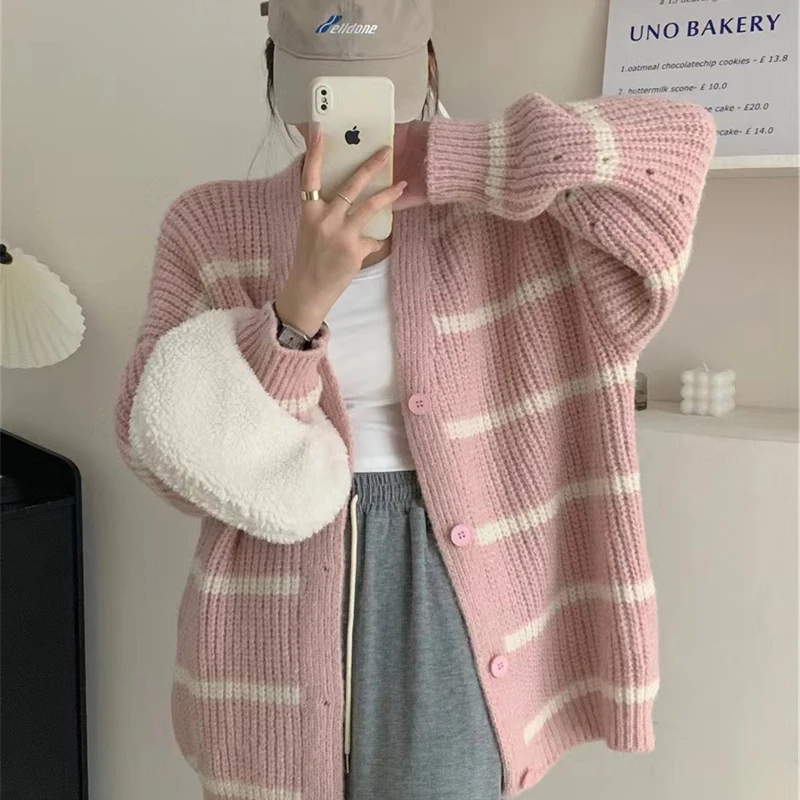 السيدات Thiened V-Ne محبوك سترة معطف شريط نمط الخريف الشتاء ملابس خارجية عادية Sle العلامة التجارية الصينية طويلة Sve