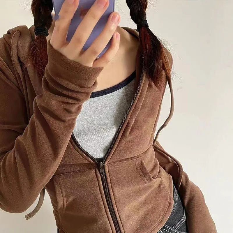 

Y2k Clothes Hoodie Women Zip-up Hooded Sweatshirt Brown Crop Top Slim Fit Sweatshirt Cream Drawstring Hood Cardigan Hoodie