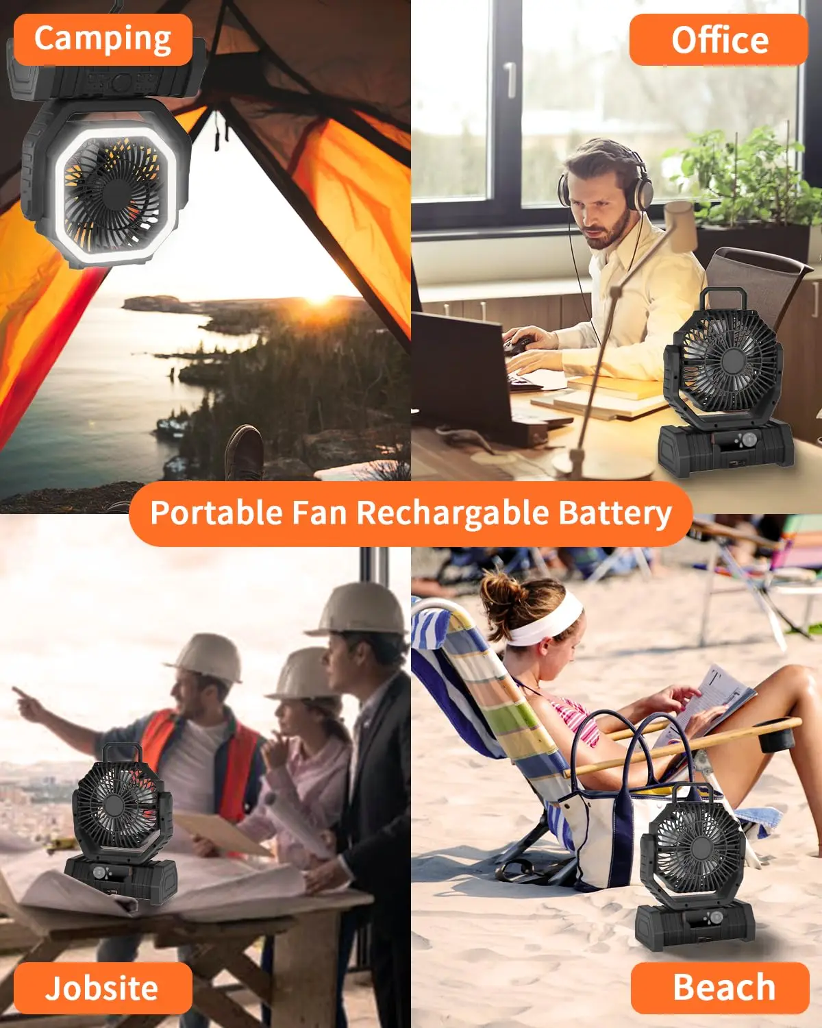 20000mAh USB Rechargeable Camping Fan Portable Air Circulators Wireless Fans 270 ° Head Rotation Tent Fan with Hook