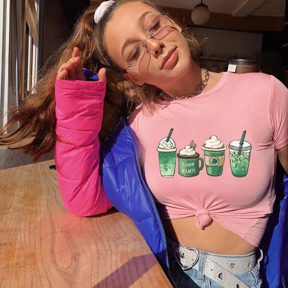 Coffee St Patricks Day Crop Top Women Cute Graphic Baby Tee Lucky Latte Green Shirt Irish Shamrock Clover Shirt Causal Crop Top