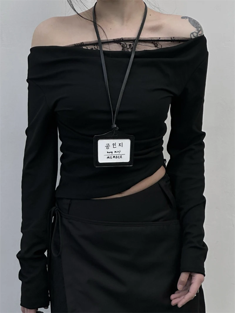 

Сексуальный кружевной топ с одним открытым плечом и длинным рукавом, женский облегающий универсальный базовый топ для повседневной носки из модального волокна