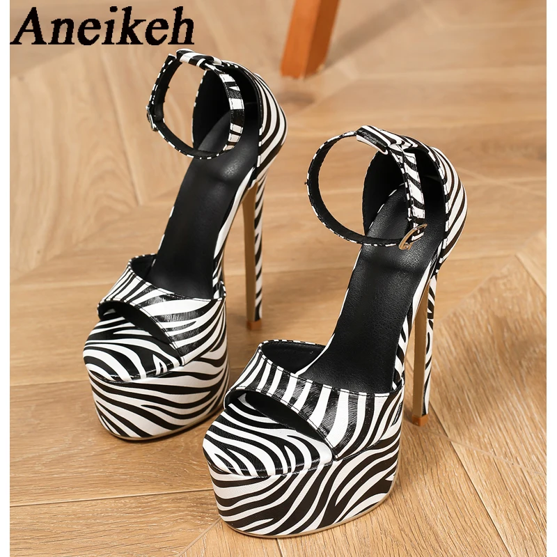 Aneikeh Summer 2024 Women's Platform Striped Ankle-Wrap Slippers Peep Toe Round Toe Buckle Strap Sandals Shoes Thin Heels Pumps