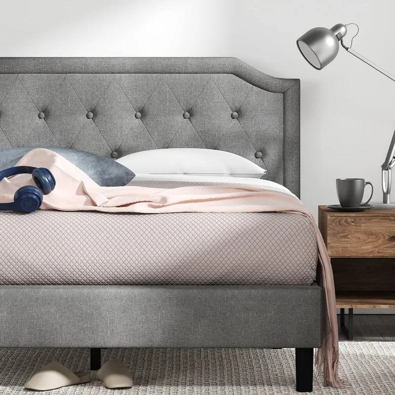 Kellen-Estofados Scalloped Plataforma Bed Frame, Fundação Colchão, Suporte Slat Madeira, Não Box Spring necessário