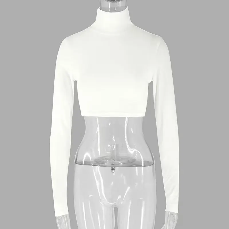 تي شيرت نسائي قصير بأكمام طويلة وياقة عالية، قميص قصير يكشف البطن، ضيق ومناسب للجسم بلون موحد، موضة الربيع #4