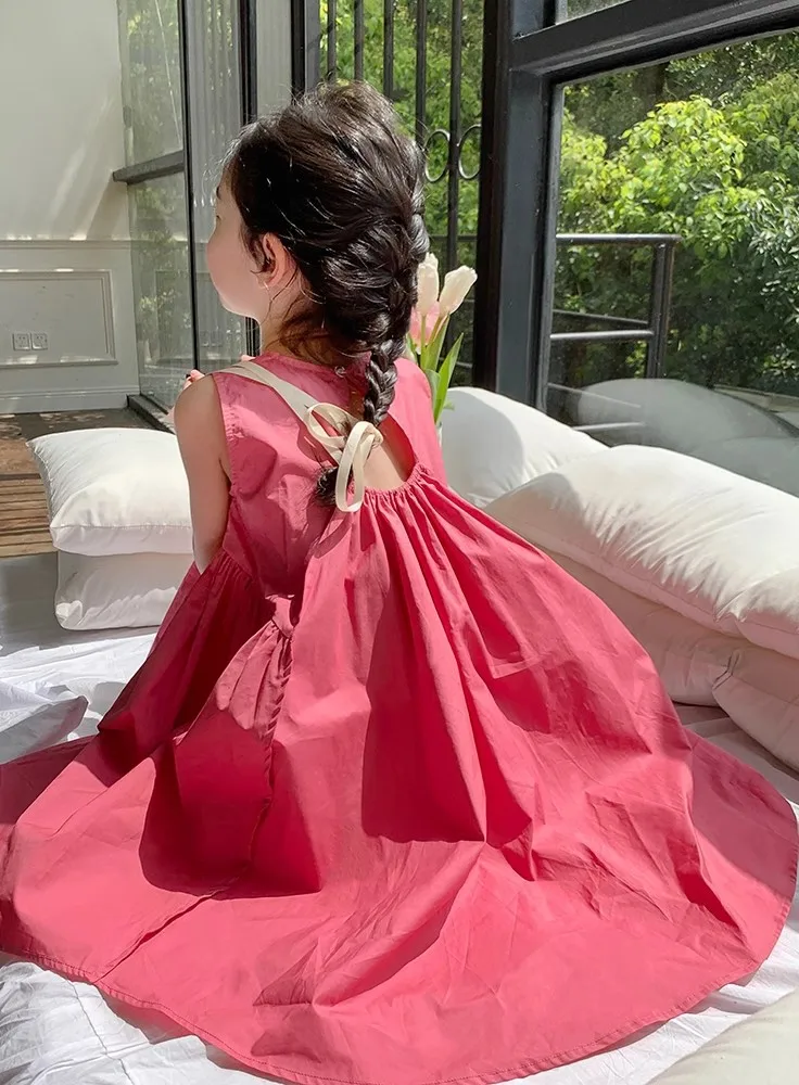 فتاة صيف جديد 2025 الحلو أضعاف سترة دون أكمام تنورة فستان الصلبة عادية بسيطة موضة حلوة الكورية نشط خمر لطيف لينة