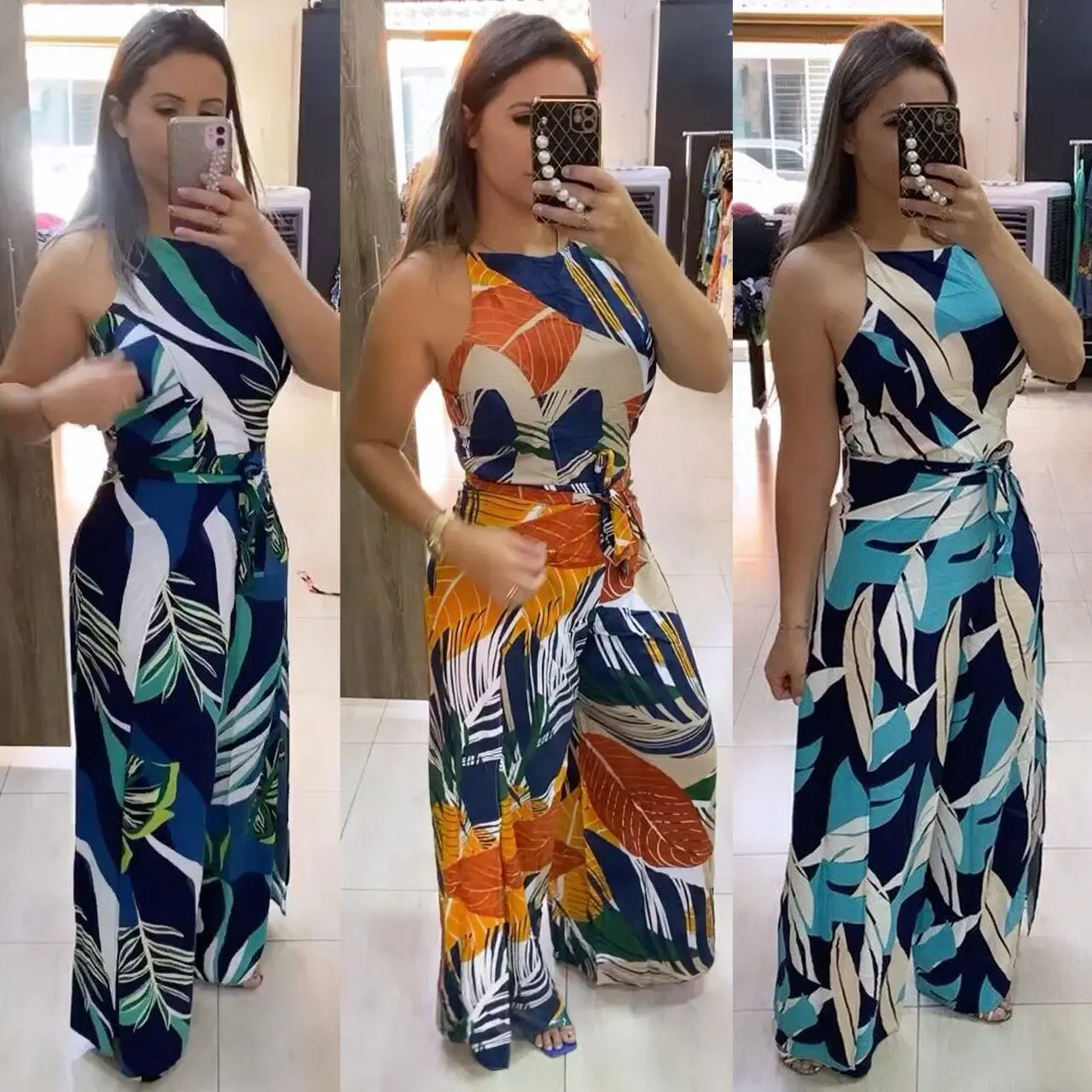 

Europe and the United States sexy fashion party party club multicolor print strappy jumpsuit