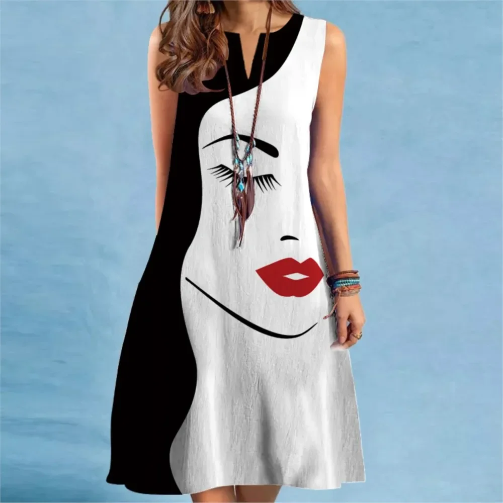 

Elegant Women's Face Printed Beach Casual Dress 2025 Ladies New V-neck Sleeveless Sexy Print Loose Mini Dress Vestidos De Mujer