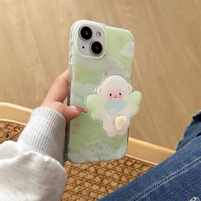 لطيف الأغنام حامل جراب هاتف آيفون 16 برو 15 14 13 برو ماكس غطاء الصيف الأبيض سحابة المراعي الحب الحدود للصدمات