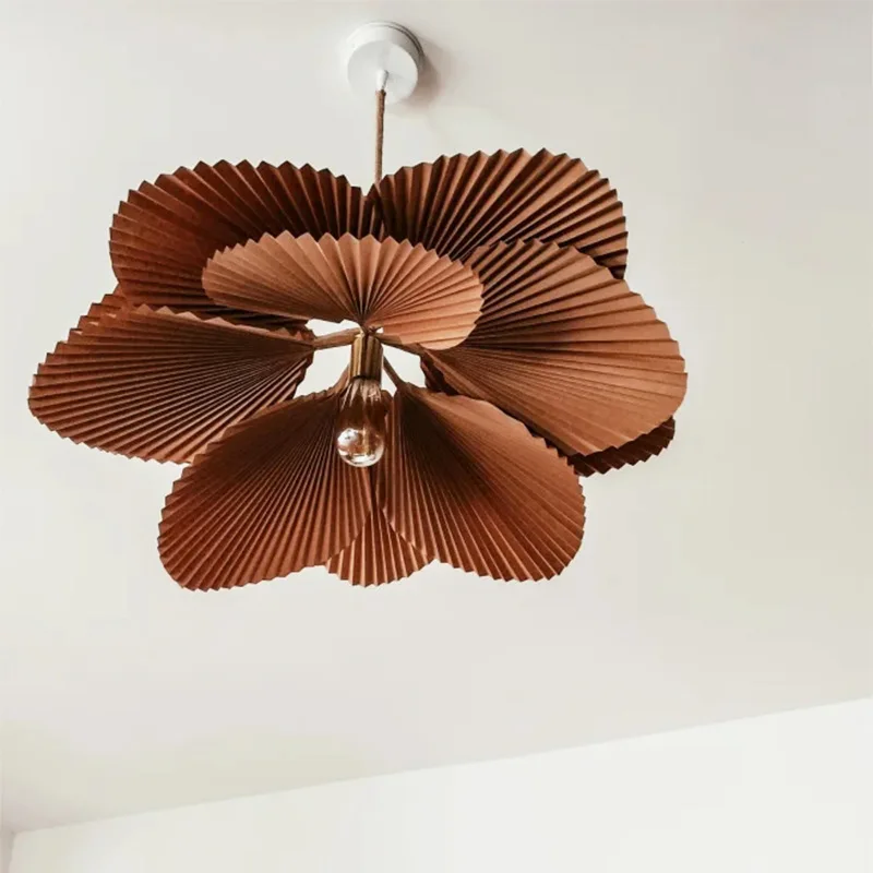 Wabi Vintage Brown Paper Fan Leaf Chandelier LED E27 Lighting Warm White Bedroom Decorative Creative Art Copper Fixture Lamp