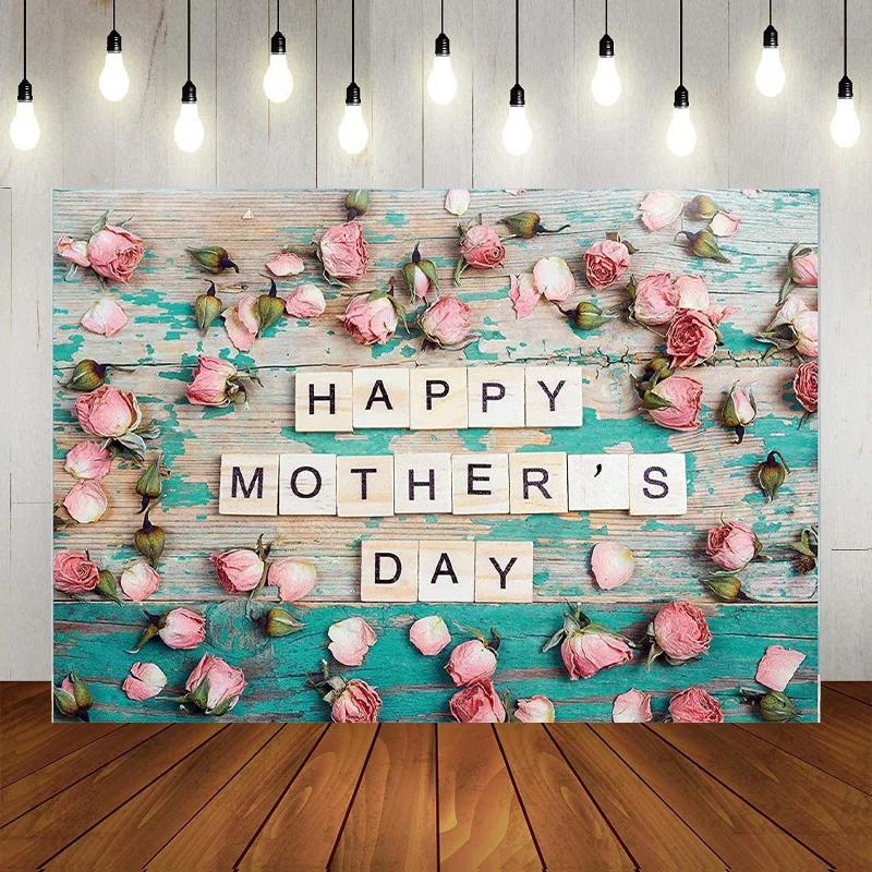 Happy Mother's Day Pink Backdrop Purple Floral Party Decorations Pink Petals Gold Love Hearts Photography Background Banner