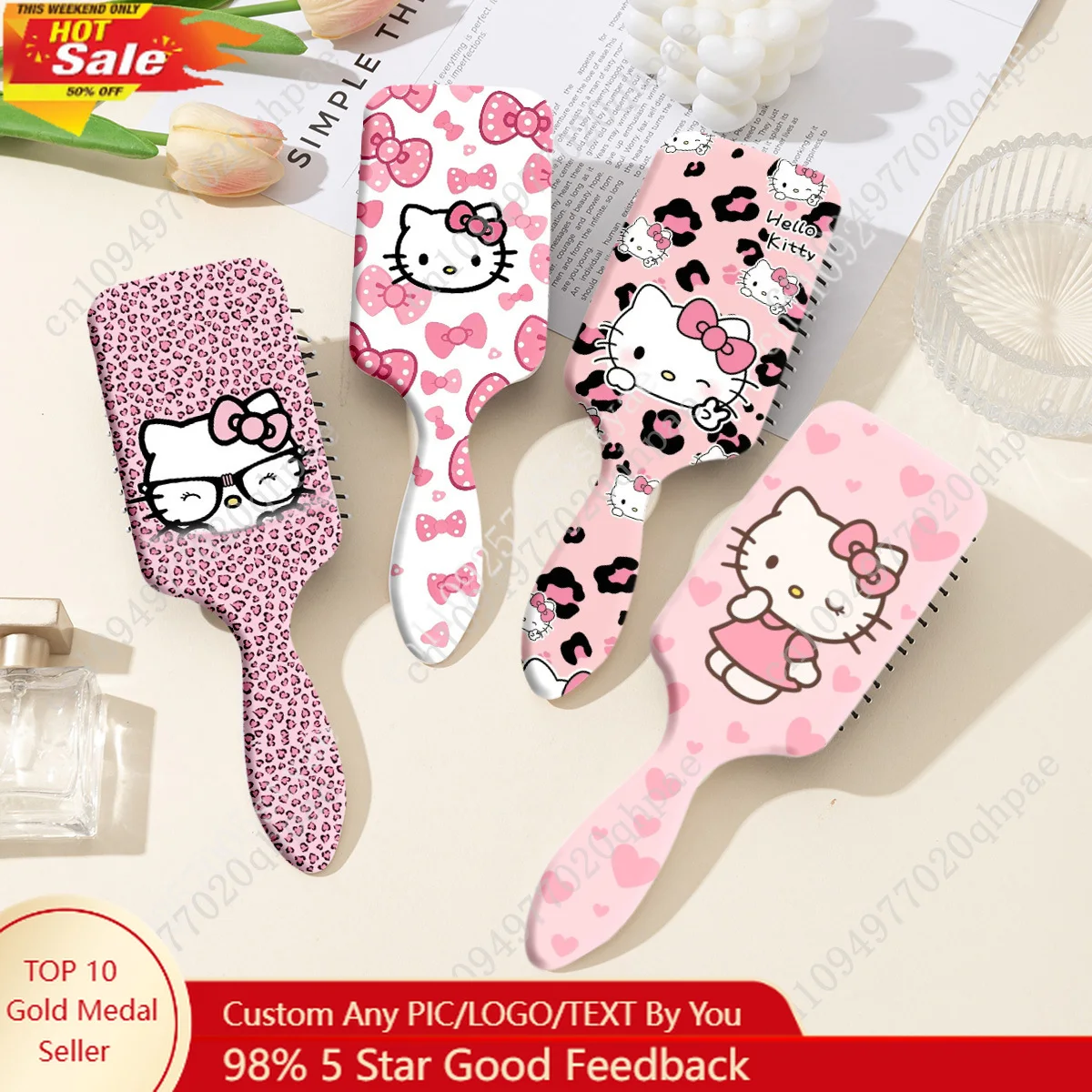Hello Kitty Bow-Shaped Leopard Print Cushion Comb Portable Smooth Comb Cute Cartoon Portable Straightening Combs