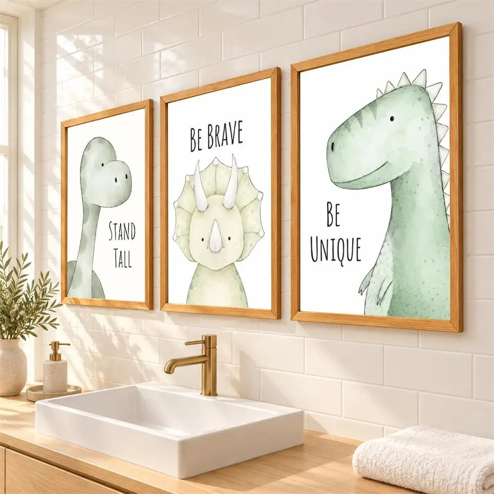 Prehistoric T Rex Dinosaur Painting Calligraphy 3 Pieces Canvas Poster Set Wall Art for Bathroom Living Room Home Decor Gift