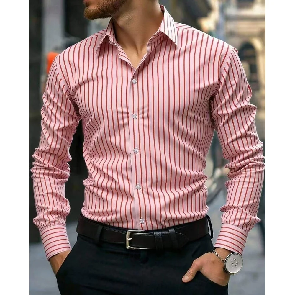 

Men's Fashion Striped Print Shirts Casual Breathable Lapel Button Long Sleeve Shirt for Spring Fall Men's Clothing Formal Shirt