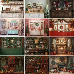 Christmas Kitchen Background Photography Rustic Wooden Cabinets Xmas Tree Wreath Backdrop Decor Family Kid Birthday Photo Studio