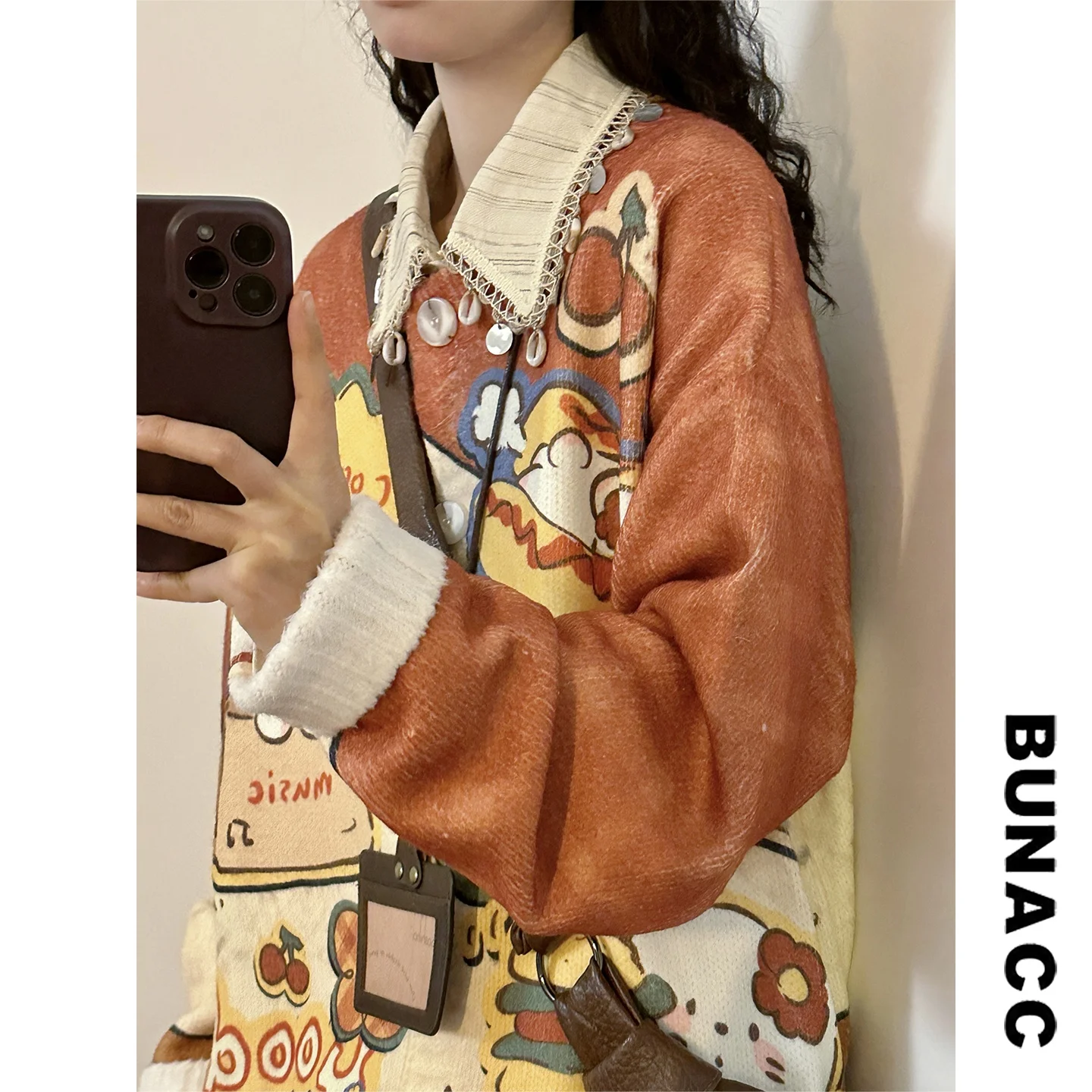 

BUNACC Autumn Winter Casual Loose Women's Cardigan Coat Cartoon Burger Holding Fun Versatile round Ne Open Sweater Jaet
