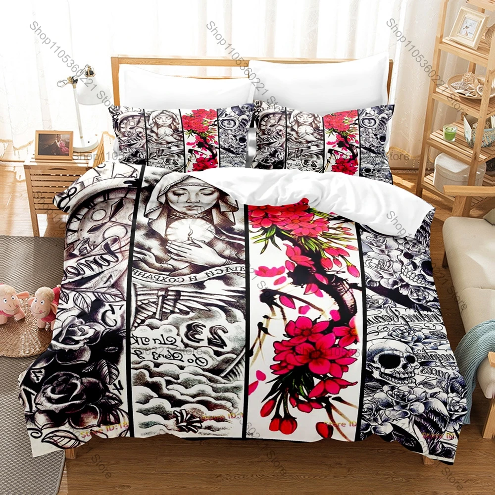 Cool Tattoo Nun 3PCS Bedding Set Gothic Nun Tattoo Print Soft Microfiber Duvet Cover Pillowcase Breathable Bedroom Decor