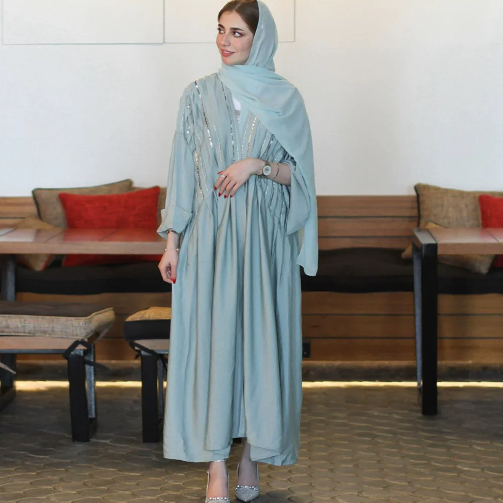 

Orange Long Sleeve Women's Dress Rhinestone Mesh Middle East Arab Dubai Gilded Muslims Elegant Loose Abaya Dubai Luxury