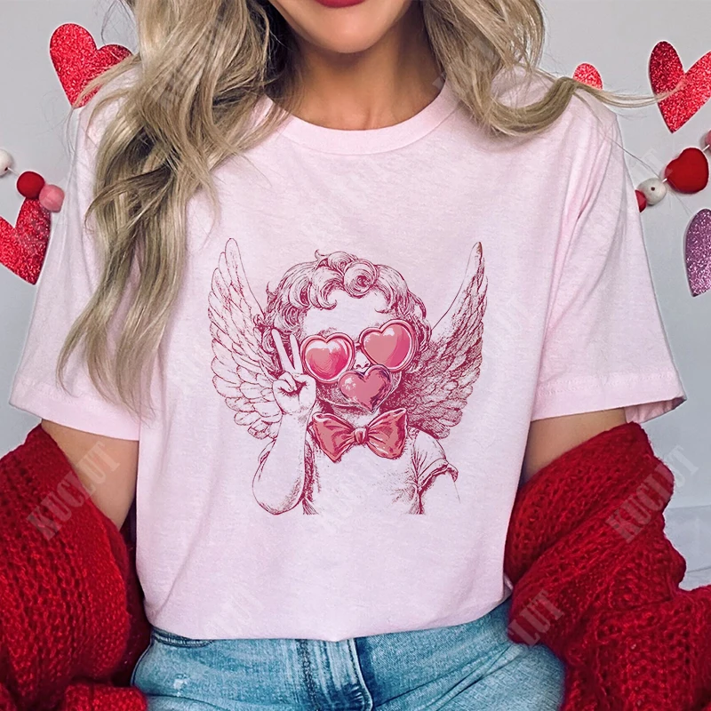 Casual Tee Shirt Lady Clothes Top Casual Fashion Tshirt Summer Female Women Retro Cupid Valentine Blowing Bubble Graphic T-shirt