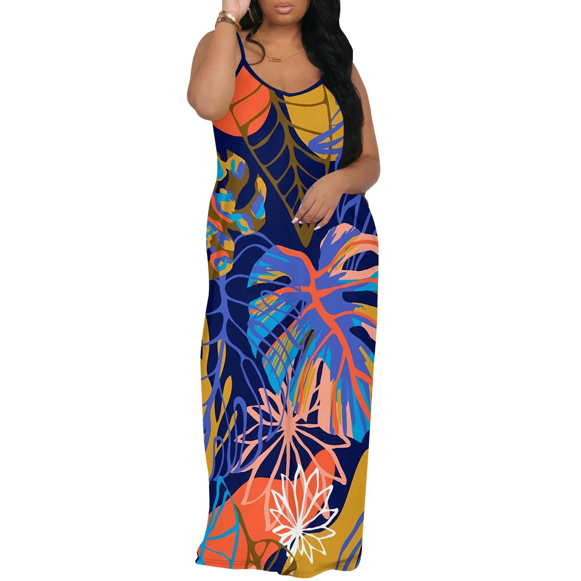 Nupusa Floral Swirl Print Dress for Women Regular Size Summer Casual Spaghetti Strap Maxi Dress