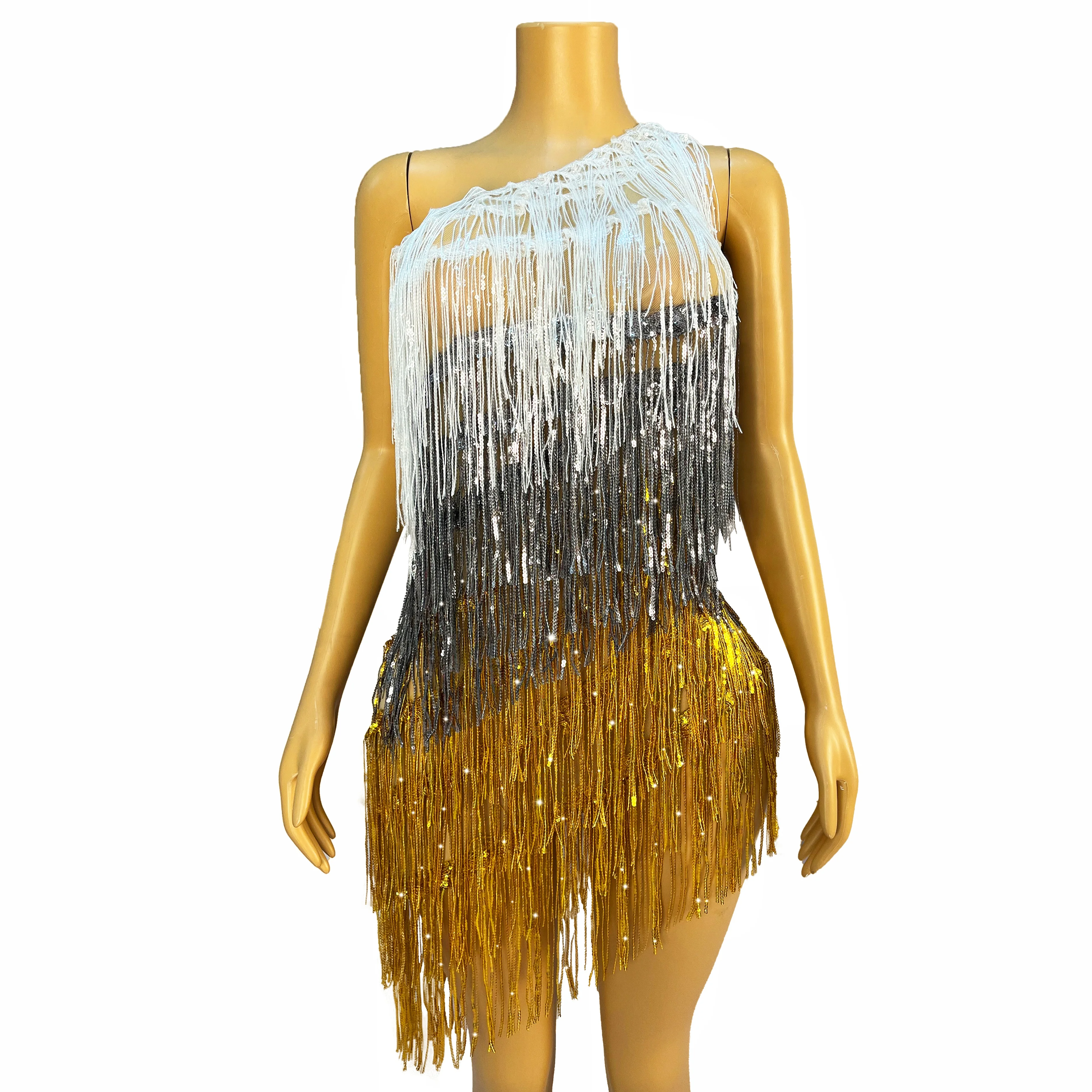 Festival Fashion 3 Colors Bling Fringes Sleeveless Dress Sexy Tassels Outfit Dance Stage Bling Handmade Dance Costume liusu