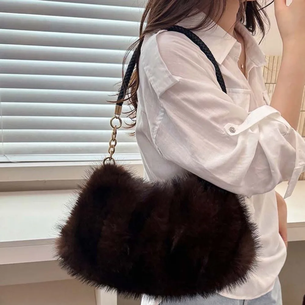 Large Capacity Fluffy Shoulder Bag Ruched Soft Texture Plush Handbag. Cozy Design Lightweight Faux Fur Purse Shopping