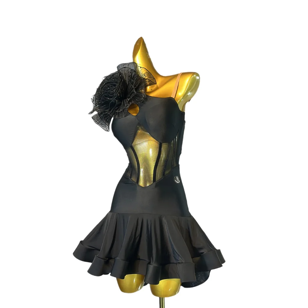 Robe de danse latine pour enfants et adultes, pierre AB, haut de gamme, personnalisée, fleur noire, bretelles, Cha Tango, vêtements pour femmes