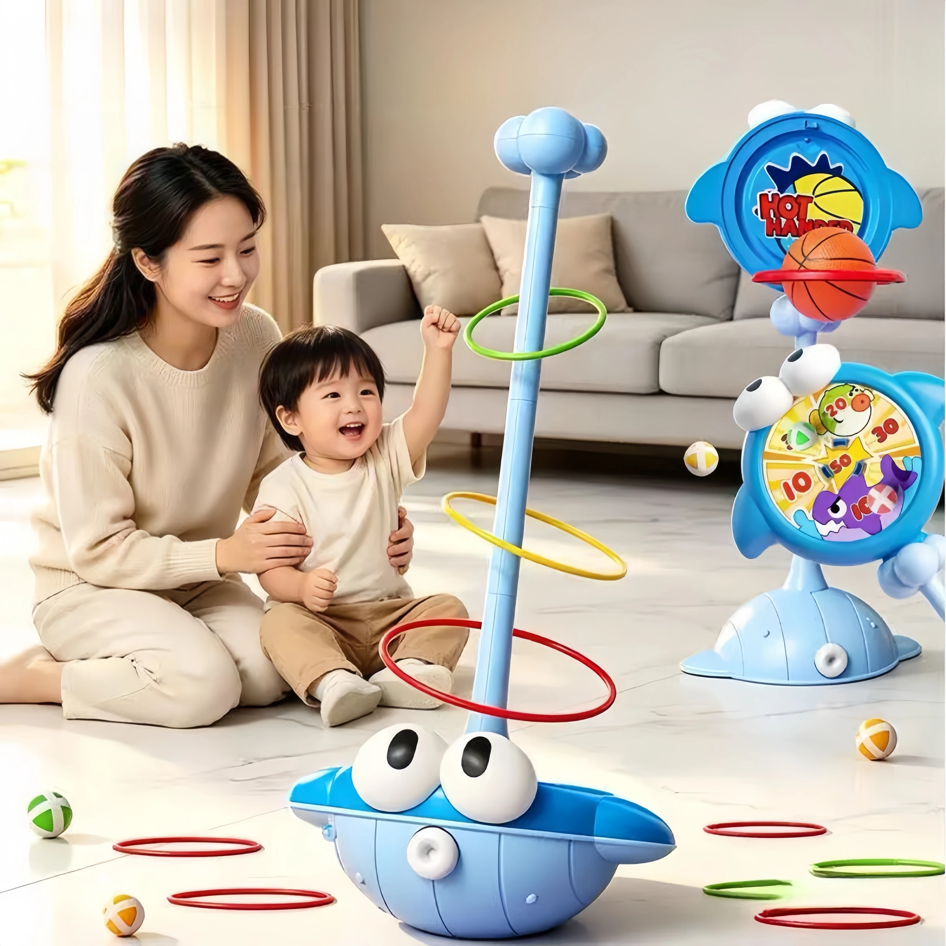 3-in-1 Children's Multifunctional Early Education Topple Basketball Rack Ring Set Sticky Balls Indoor Outdoor Sports Educational