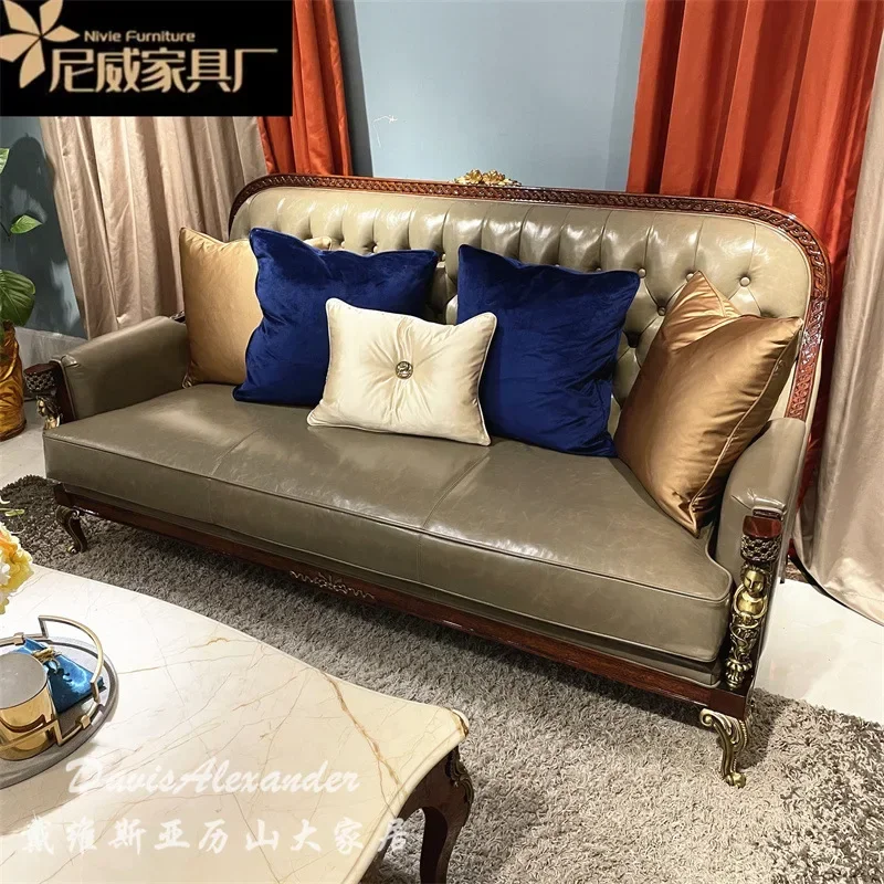 

Sofa Villa Classical English Living Room Furniture European Solid Wood Leather Combination Roman Pillar Leather Sofa