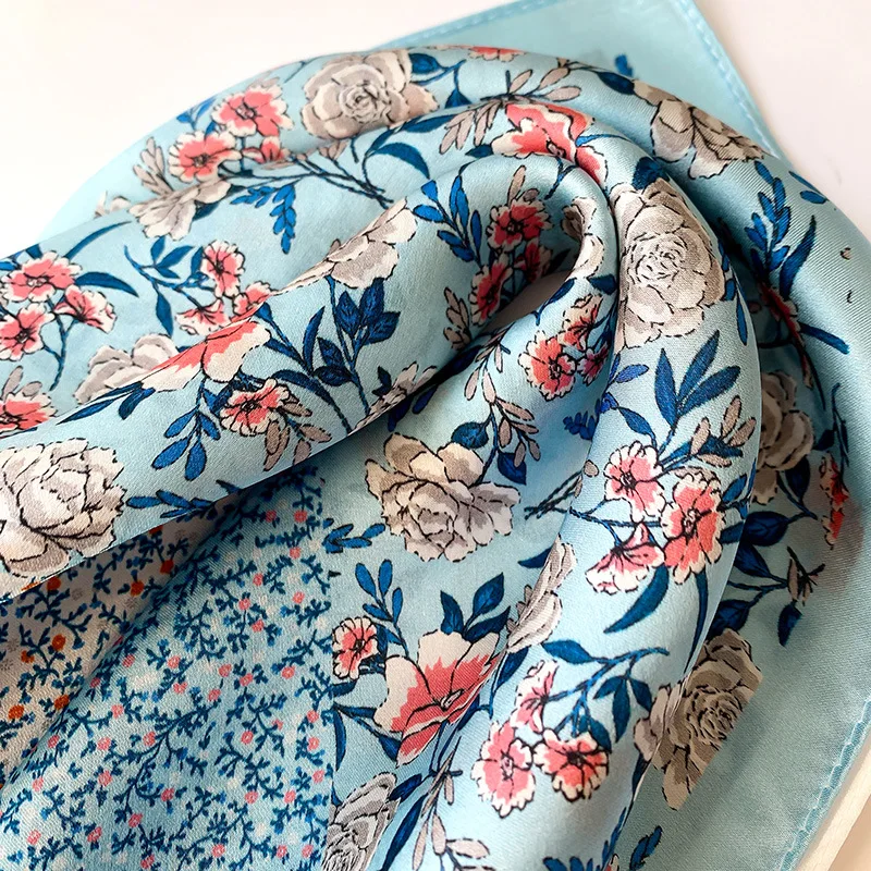 100% Pure Silk Scarf Women Neck Hair Band Foulard Square Small Headband 2024 Fashion Print Neckerchief Scarves Bandana 53*53cm