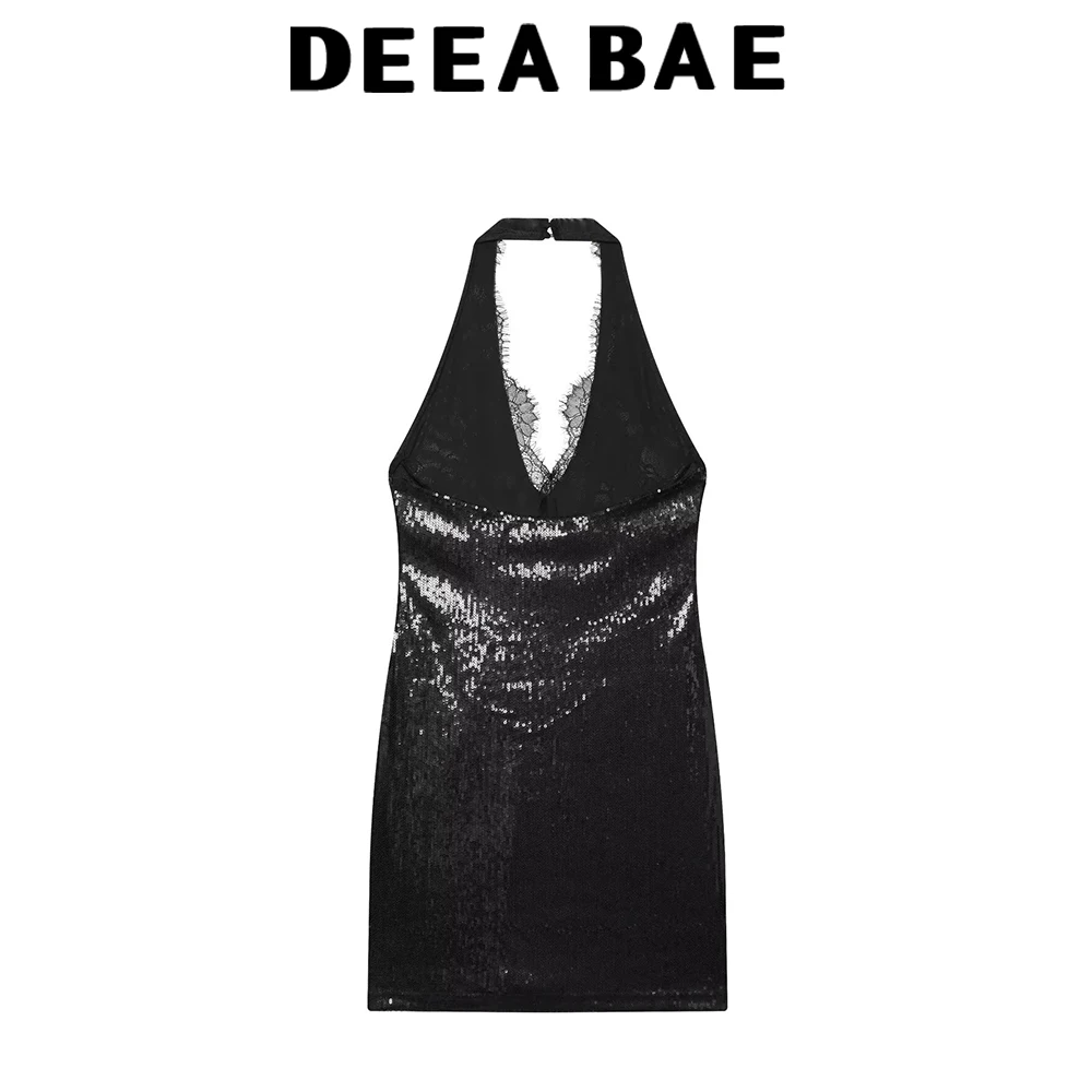 เดียบาเอ ชุดเดรสสั้นคอวีประดับลูกปัดและผ้าลูกไม้สไตล์เซ็กซี่สำหรับผู้หญิง คอลเลคชั่นฤดูหนาว