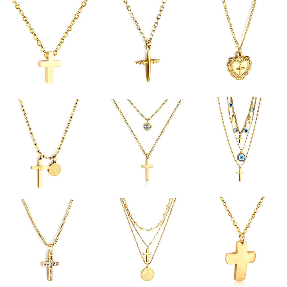 Collares con colgante de Cruz clásico Para Mujer y niña, Collares de cadena O de acero inoxidable chapados en oro a la moda, regalos de joyería Para Mujer
