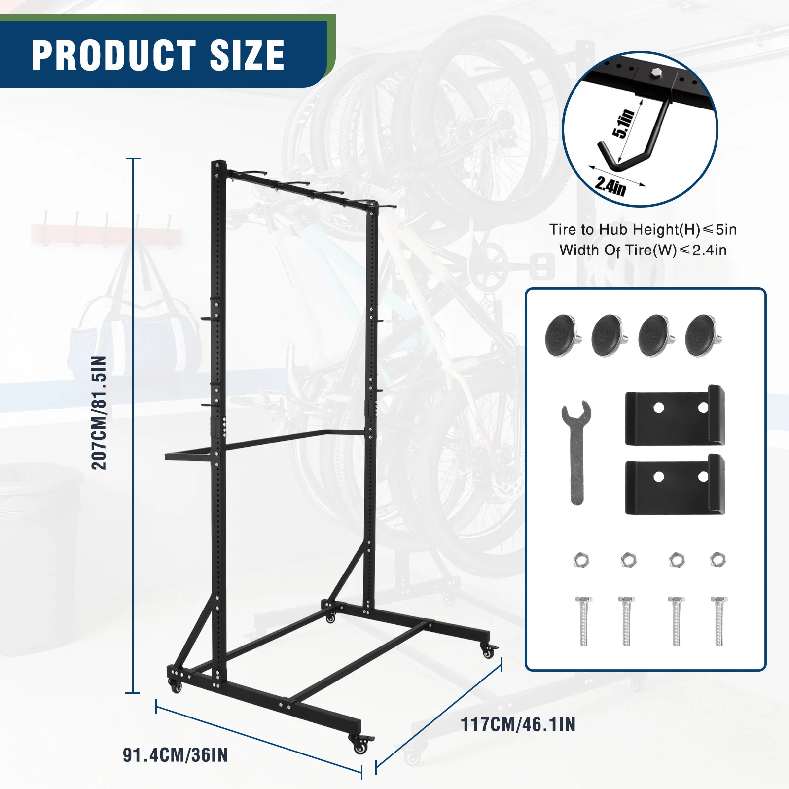 

Vertical Bike Stand with Locking Casters & 6 Hooks Floor Bike Storage Rack Holds Up To 5 Bikes Height Adjustable for Garage