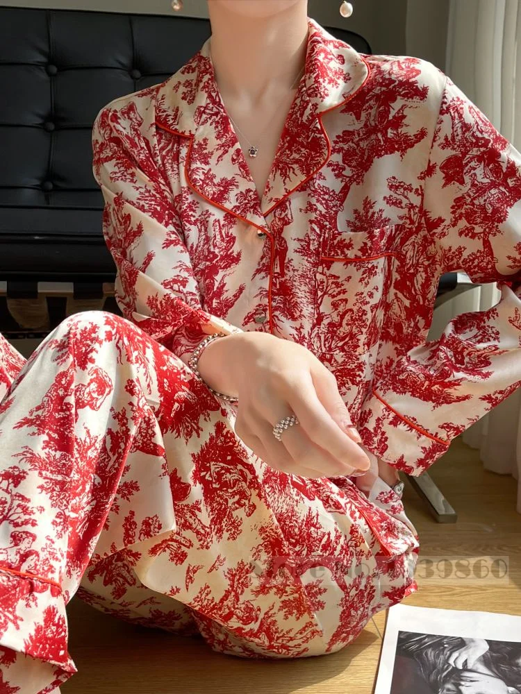 Women Pajamas Set Spring Summer Nightwear Print Flower Long Sleeve Trouser Suit Pyjama Pour Femme Loose Loungewear Homewear