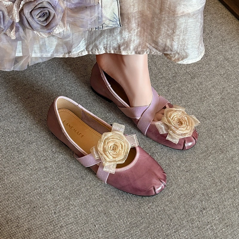 

Women's new spring and autumn genuine leather cowhide flower cross elastic band low heel comfortable heel fashion single shoe