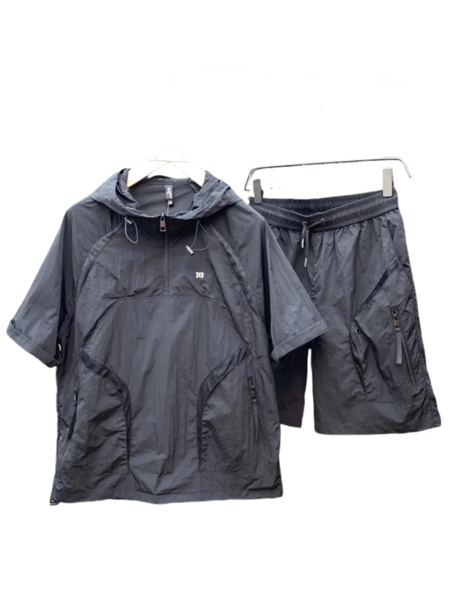 

Summer Casual Workwear Hoodie ort Sve Five-Quarter Pants Men's Trendy Loose Qui Dry Multi-ket Sports Two-Piece Set