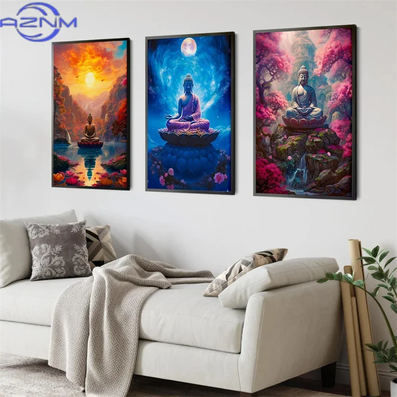 Stone Ancient Buddha Wall Art Poster Prints Ancient Buddha Meditation Landscape Canvas Painting Picture for Room Home Decor