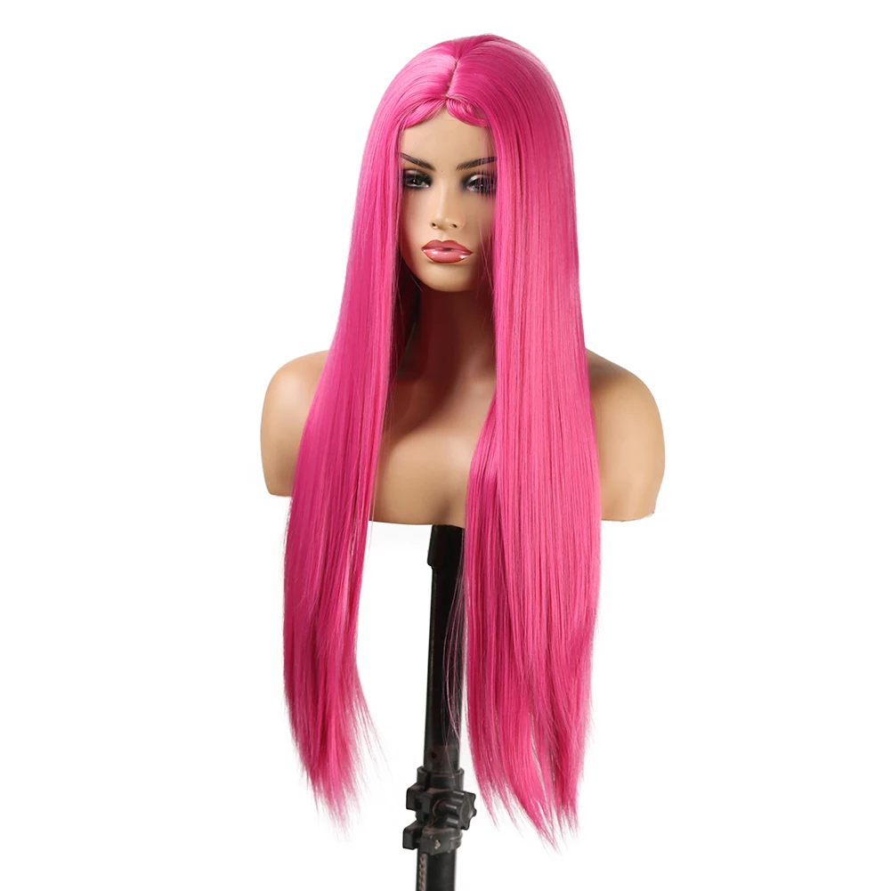 AIMEYA Synthetic No Lace Wig Pink Wig Baby Hair Middle Part Long Straight Hair Heat Resistant Fiber Hair Cosplay Wigs for Women