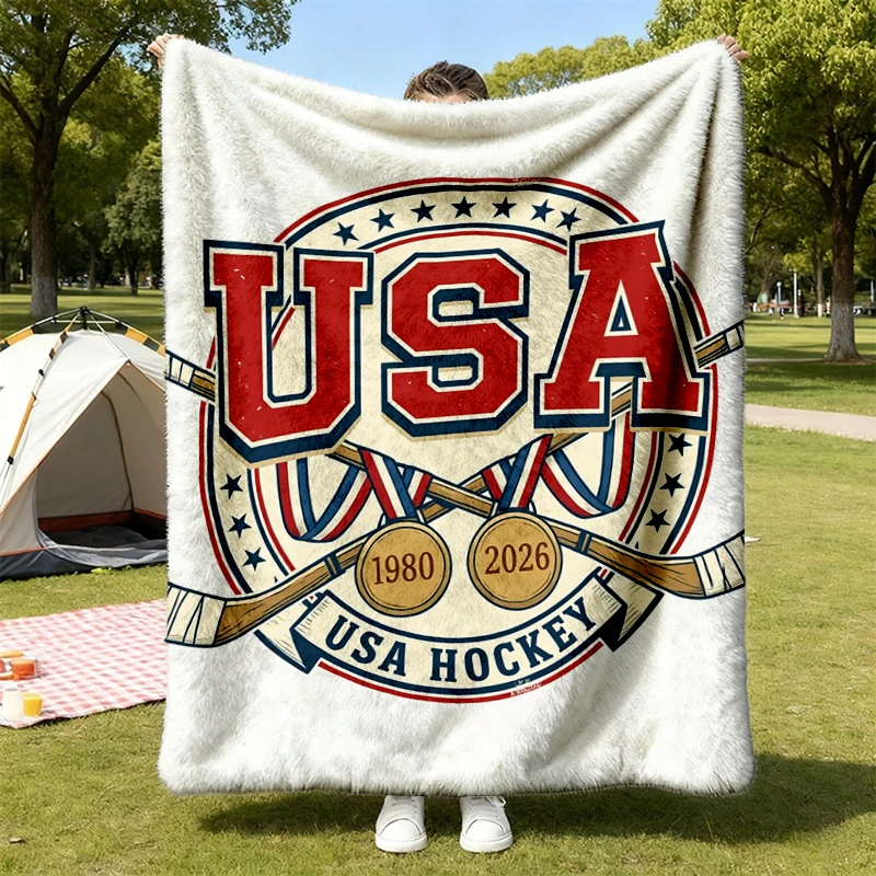 Vintage USA Hockey Gold Medal Unisex Flannel Blanket, USA Gold 1980 and 2026 Flannel Throw