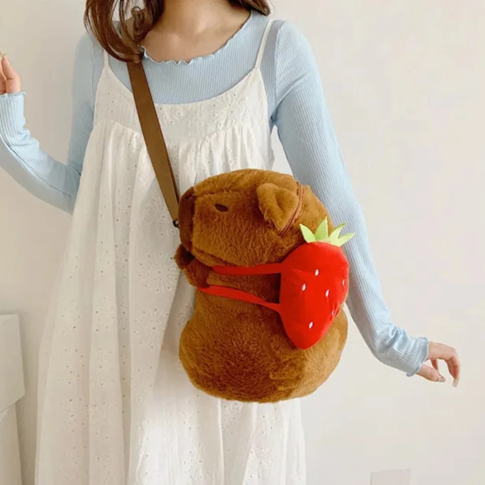 Soft Cartoon Capybara Backpack Cotton Filled Strawberry Capybara Crossbody Bag Fruit Avocado Plush Animal Daypack Birthday