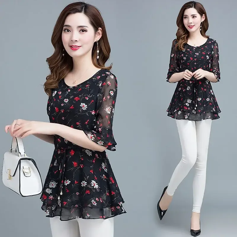 

Chiffon Blouse Women's Short Sleeve Summer New Floral Bottoming Shirt Causal Loose Round Collar Top M-5XL