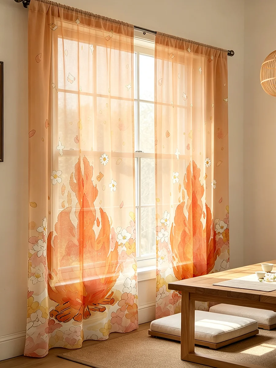 2PCS Digital Print Sheer Curtains Warm Tone Maple Leaf Daisy Floral Print Autumn Style A&B Sheer Window Curtains