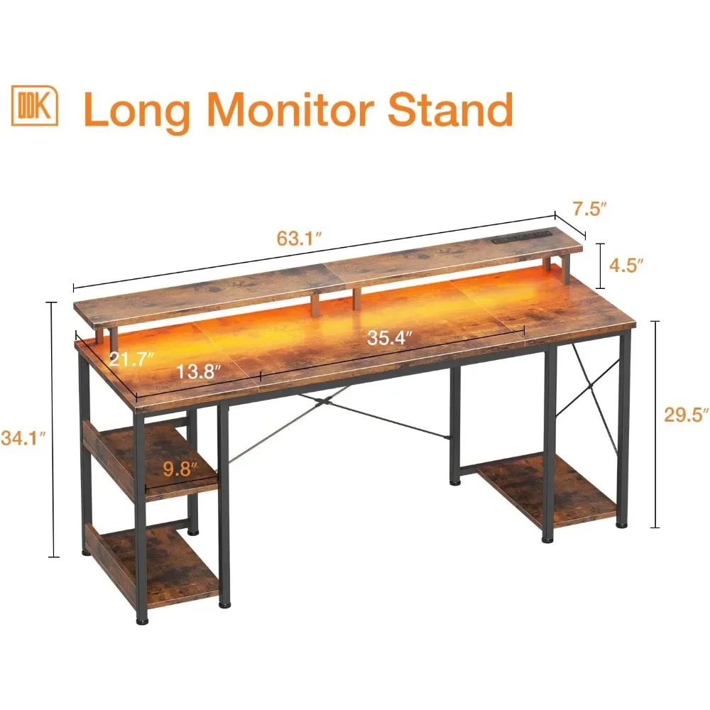 63 inch Computer Desk with Power Outlets & LED Lights, Gaming Desk with Monitor Stand & Storage Sheves, Home Office Desk