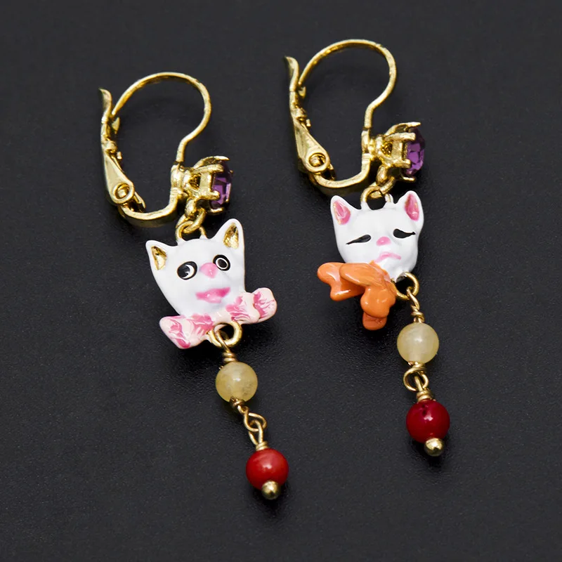 Personalized Fashion Ear Accessory Enamel Glaze White Cat Kitten Bow Butterfly Natural Stone Tassel Asymmetrical Earrings Girls