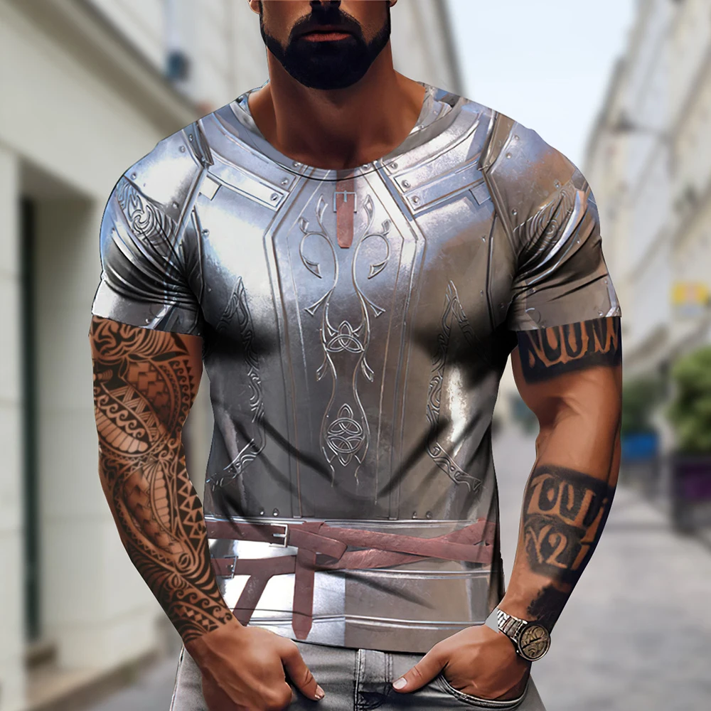 3D Printed Armour T-shirt For Men Summer O Neck Cosplay Short Sleeve Dazzling Oversized Streetwear Tops Male Cheap Sweatshirt