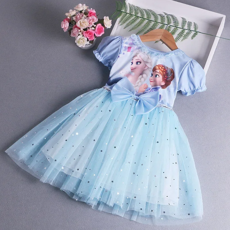 2024 New Disney Elsa Princess Dress with Cape Girls Dress Summer Kids Short Sleeve for Children's Western Style Frozen 2-8Y