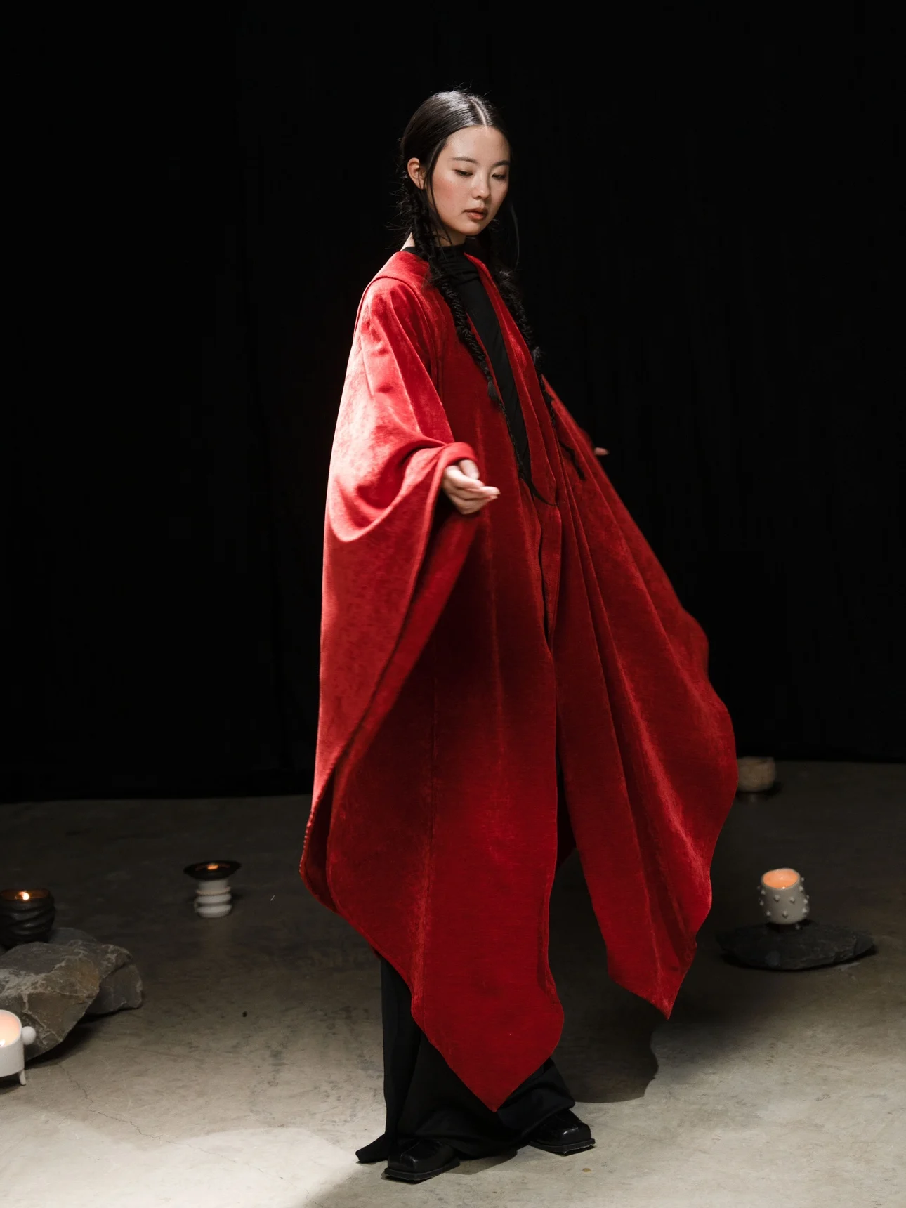 

Red Velvet Long Oversized awl Coat Irregular Design Chinese Sle Autumn New Arrival Women's Faion Outerwear