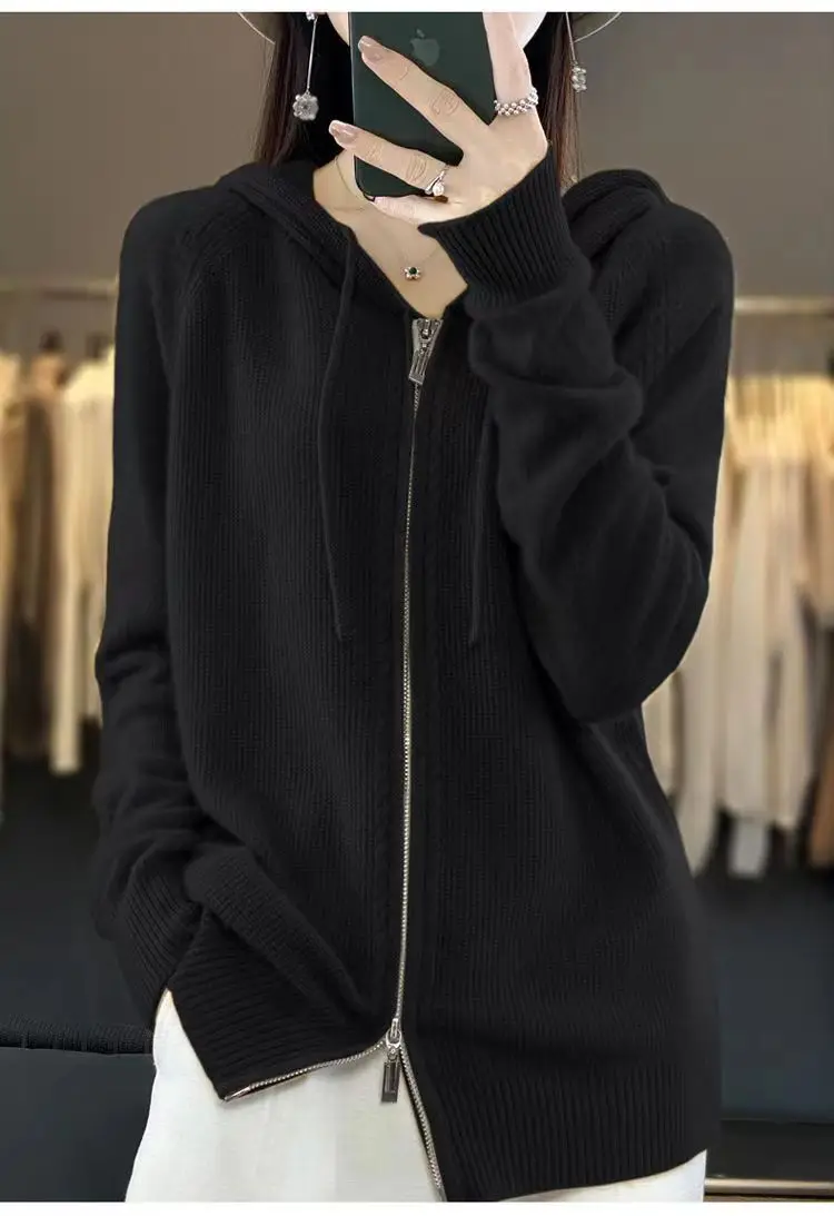 Spring and autumn knitted wool cardigan ladies loose zipper hoodie with fashion solid color wool sweater outside