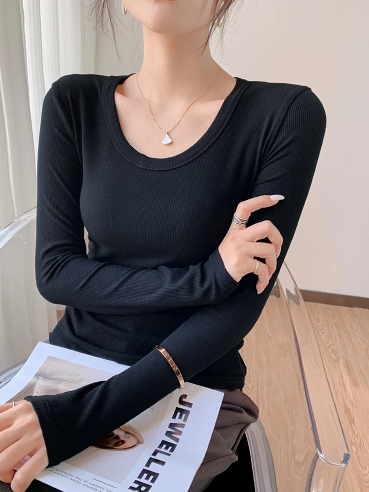 T Shirt Women Screw Thread Cotton Tee Shirt Short Sleeve Korean Fashion Clothes Elastic T Shirts Camisetas De Mujer 2022 Spring