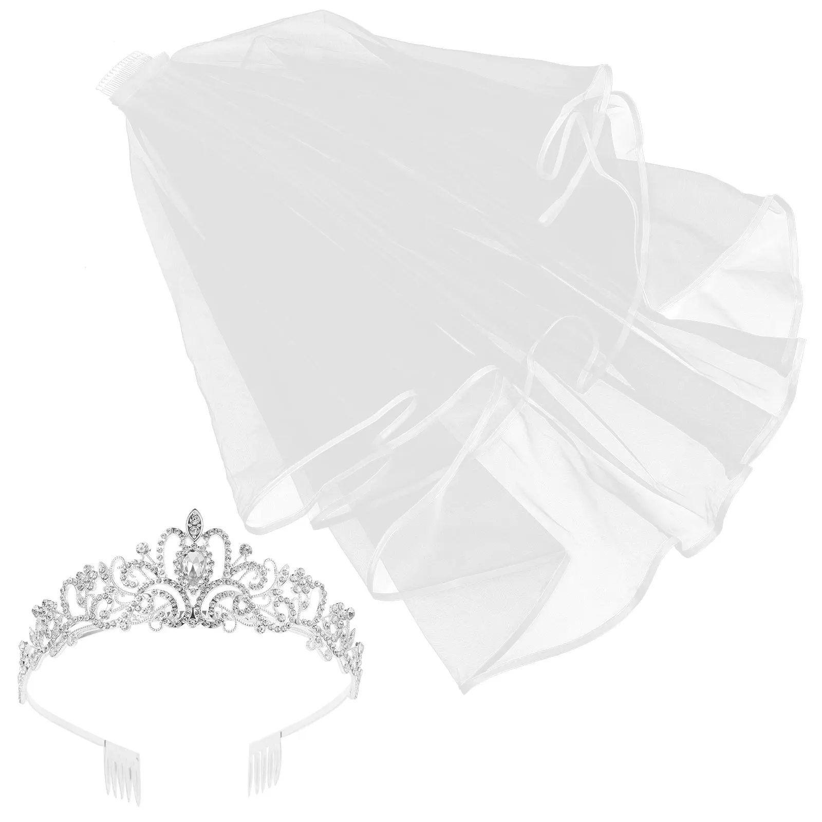 

1 set Crown Template Set Bridal Alloy Crown with Veil Shiny Rhinestone Tiara Women Wedding Party Decor Accessories Necklace