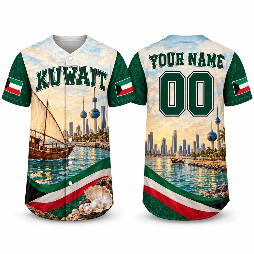 Kuwait Towers and Dhow Baseball Jersey Custom Name Number Jerseys Shirt with Gulf Waves National Colours Heritage Shirts